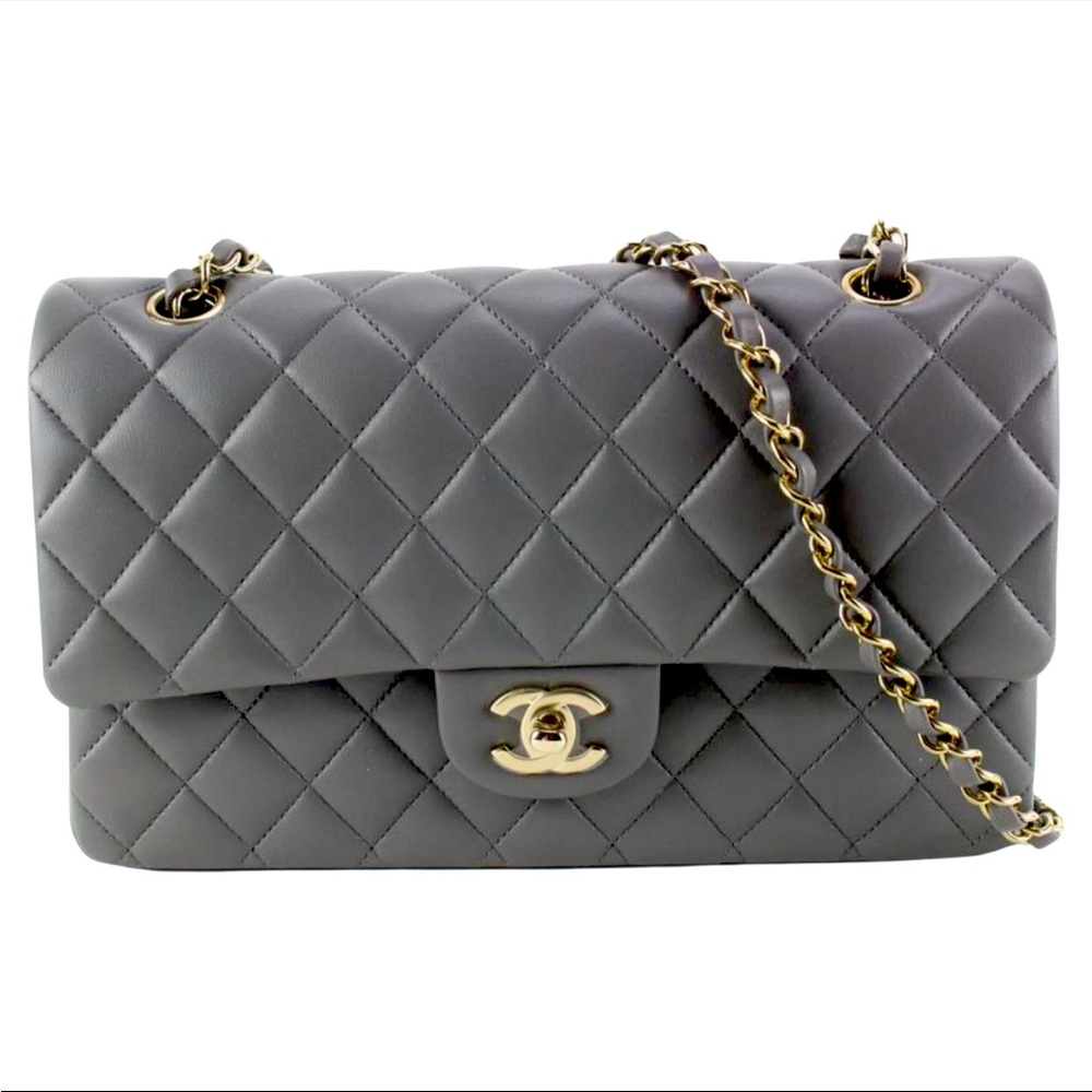 Chanel 22A Grey Quilted Lambskin Medium Classic Double Flap Bag